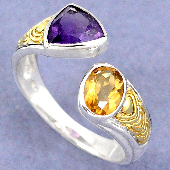 Amethyst Citrine Gold Silver Adjustable Ring
